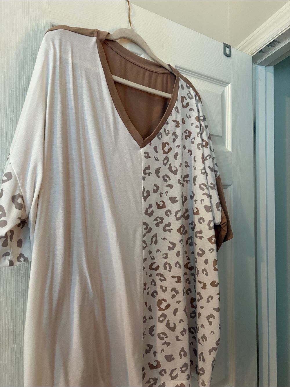 Men's V-Neck Short Sleeve Shirt in Cream and Tan Leopard